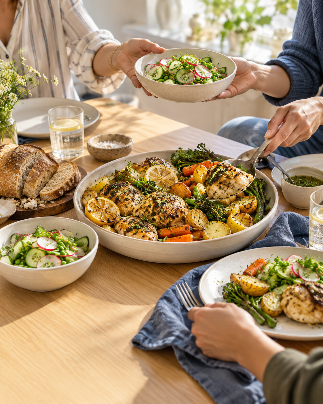 Et lyst fælles måltid med citronkylling, ovnbagte grøntsager og frisk salat, der sendes rundt om bordet